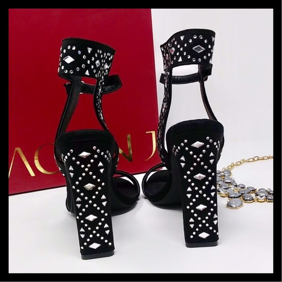 Black Gemstone Embellished Ankle Strap High Heels. - Picture 2 of 6